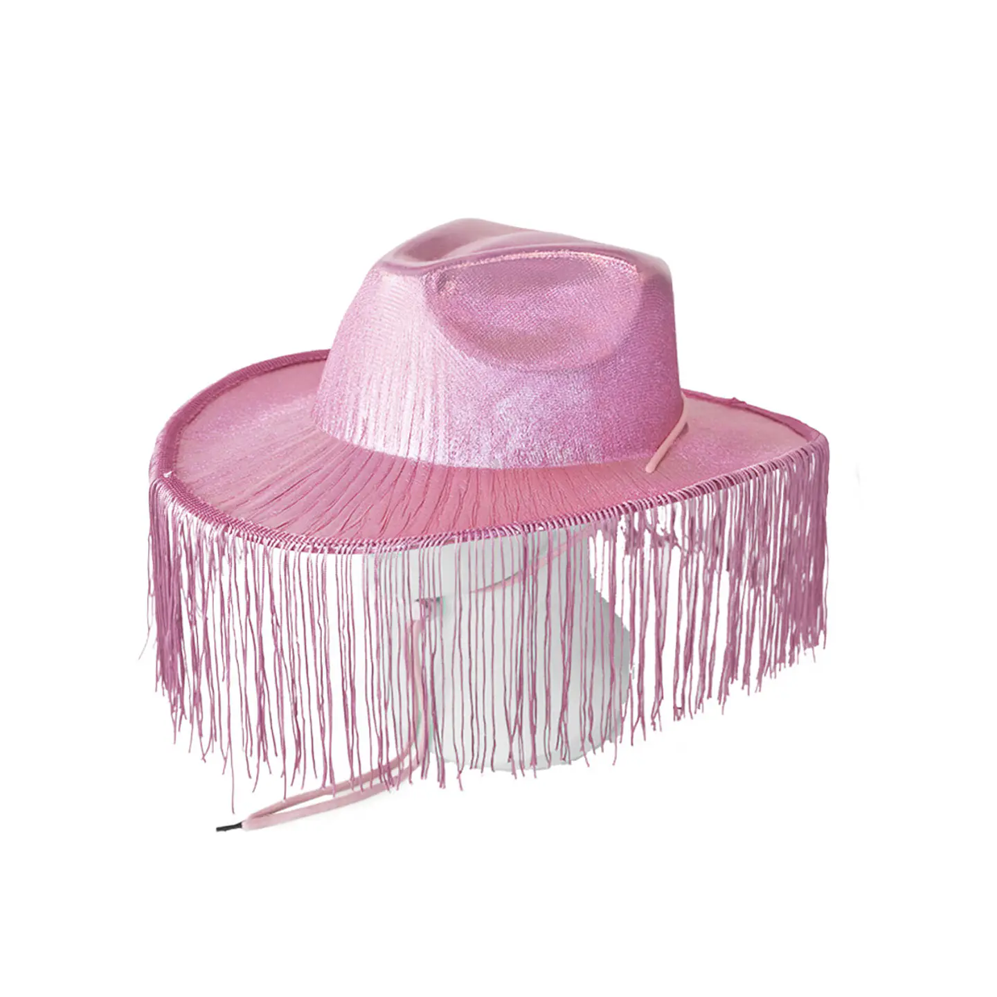 Sombrero vaquero con flecos rosa brillante con cuerda 1