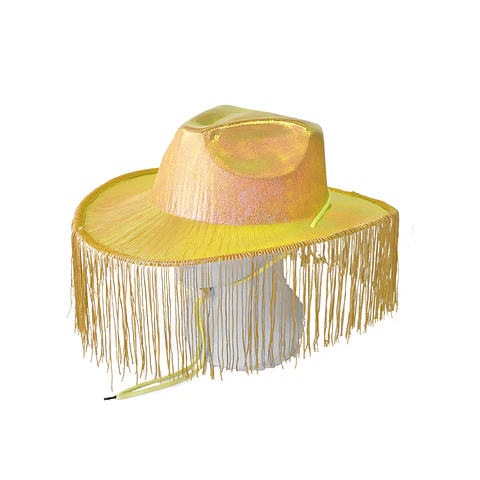 Sombrero vaquero con flecos amarillo brillante con cuerda