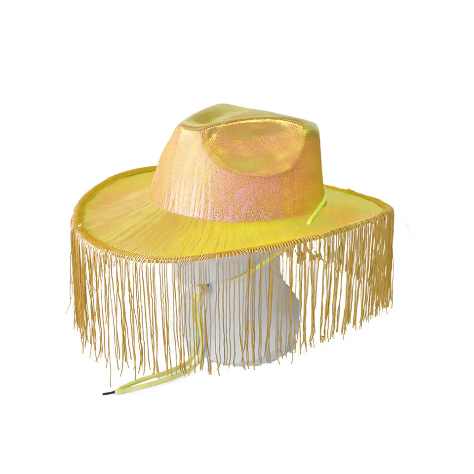 Sombrero vaquero con flecos amarillo brillante con cuerda 1