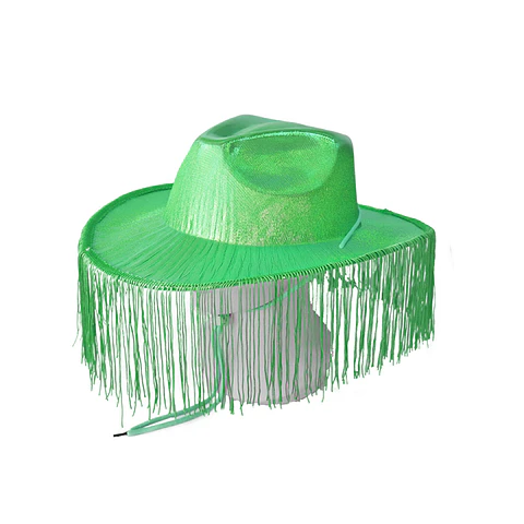 Sombrero vaquero con flecos verde brillante con cuerda