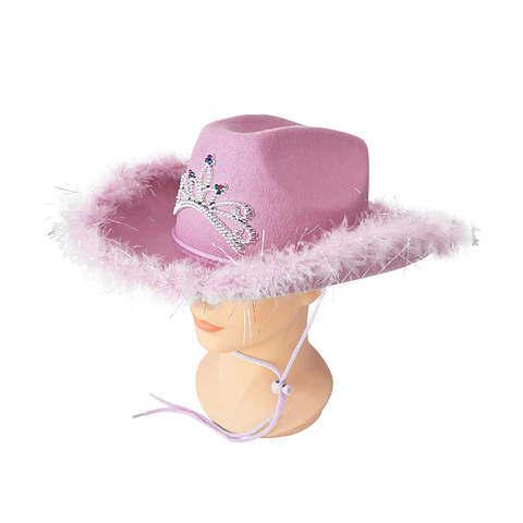 Sombrero vaquero con corona y pluma rosa con cuerda