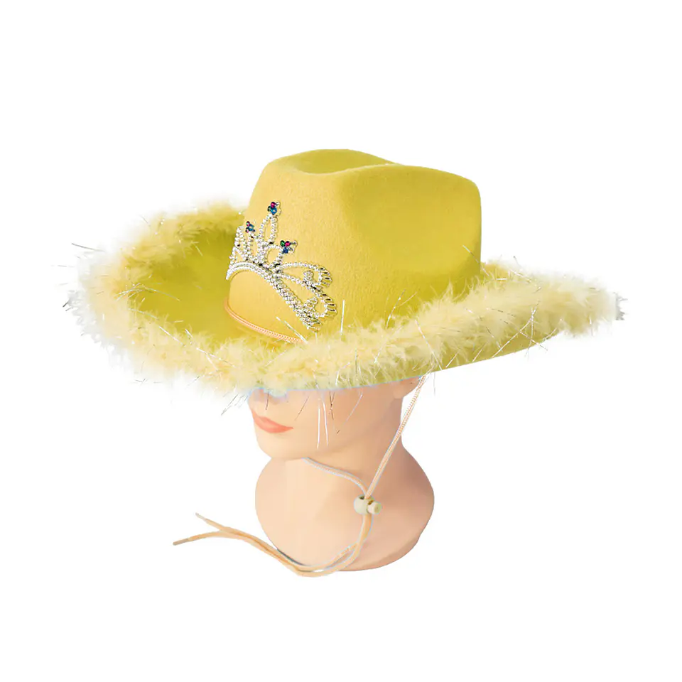 Sombrero vaquero con corona y pluma amarillo con cuerda 1