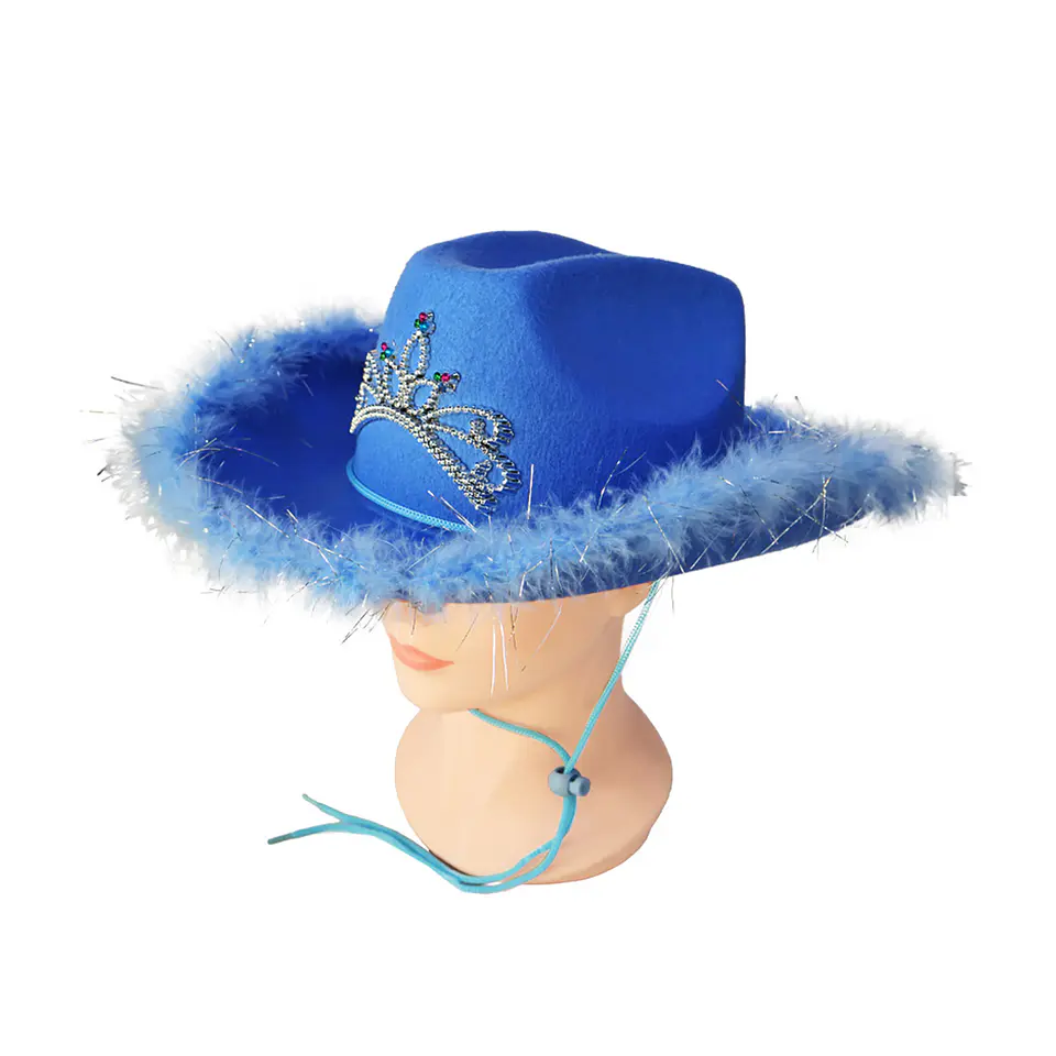 Sombrero vaquero con corona y pluma azul rey con cuerda 1