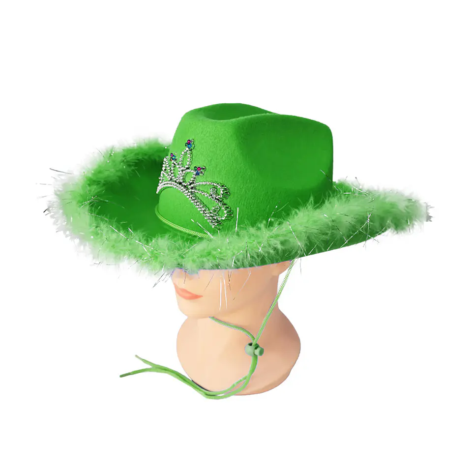 Sombrero vaquero con corona y pluma verde con cuerda 1