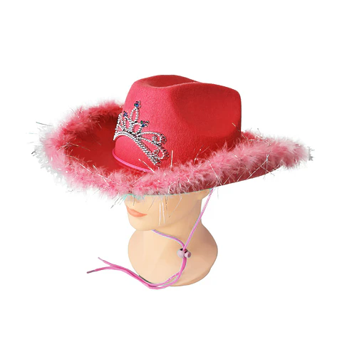 Sombrero vaquero con corona y pluma rojo con cuerda