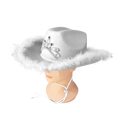 Sombrero vaquero con corona y pluma blanco con cuerda