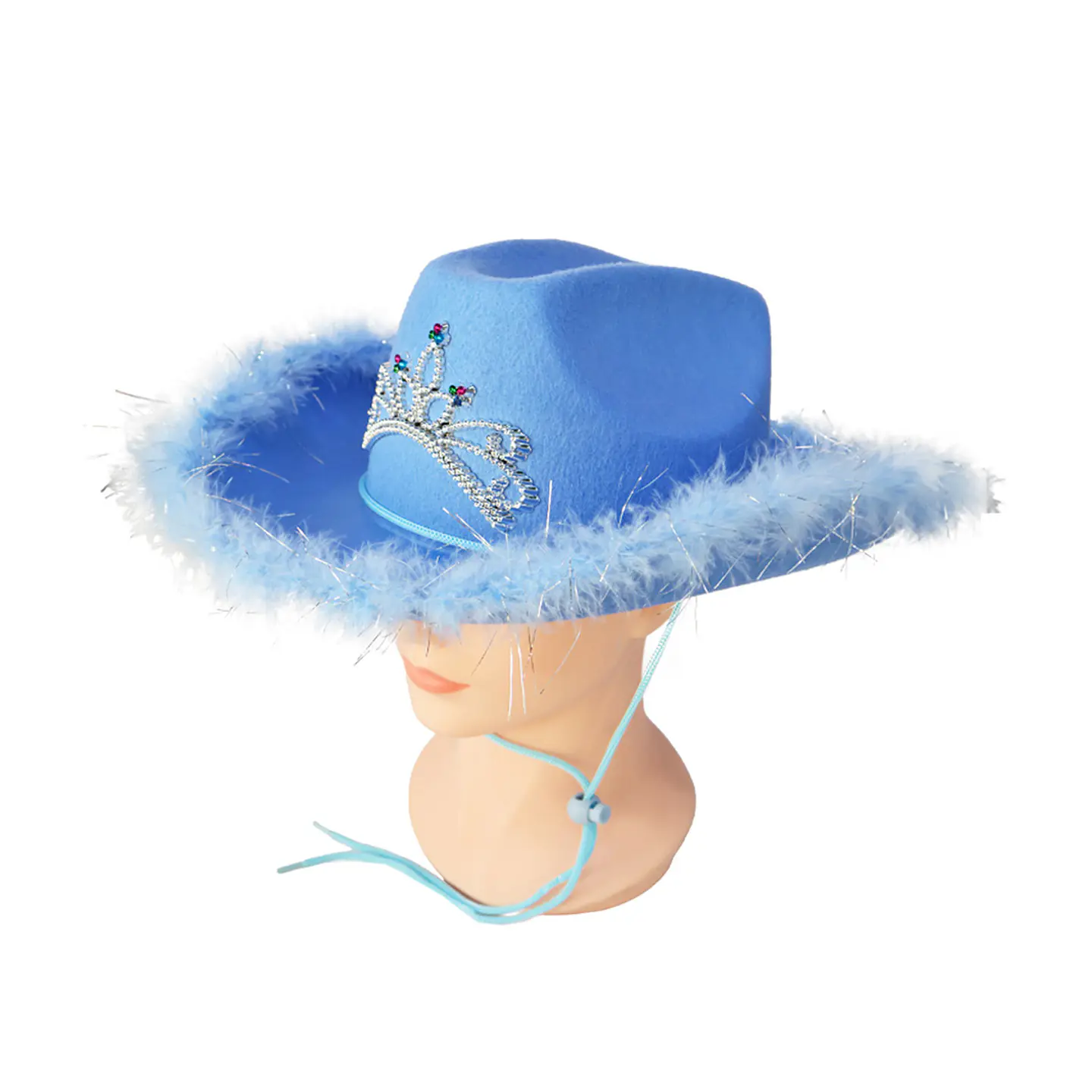 Sombrero vaquero con corona y pluma celeste con cuerda 1