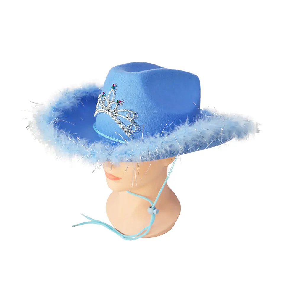 Sombrero vaquero con corona y pluma celeste con cuerda 1
