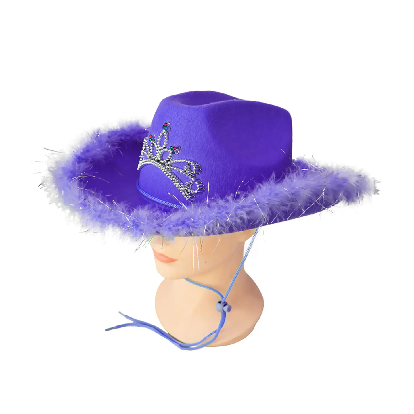 Sombrero vaquero con corona y pluma morado oscuro con cuerda 1