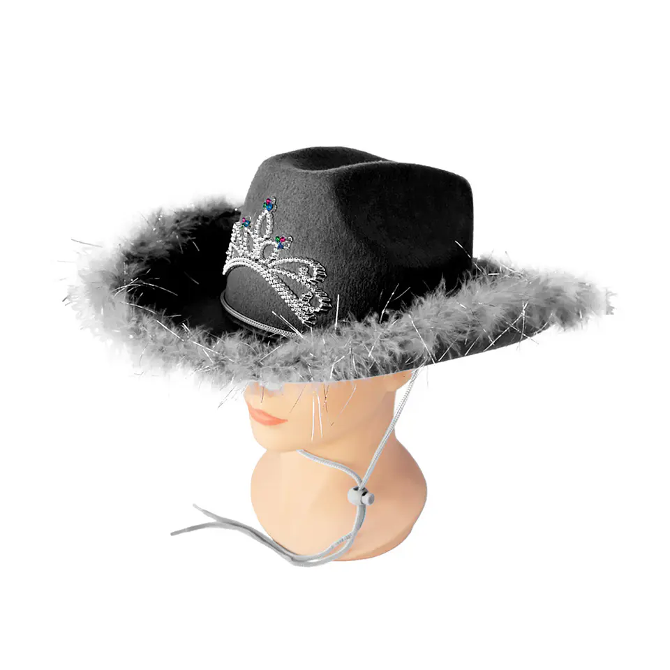 Sombrero vaquero con corona y pluma negro con cuerda 1
