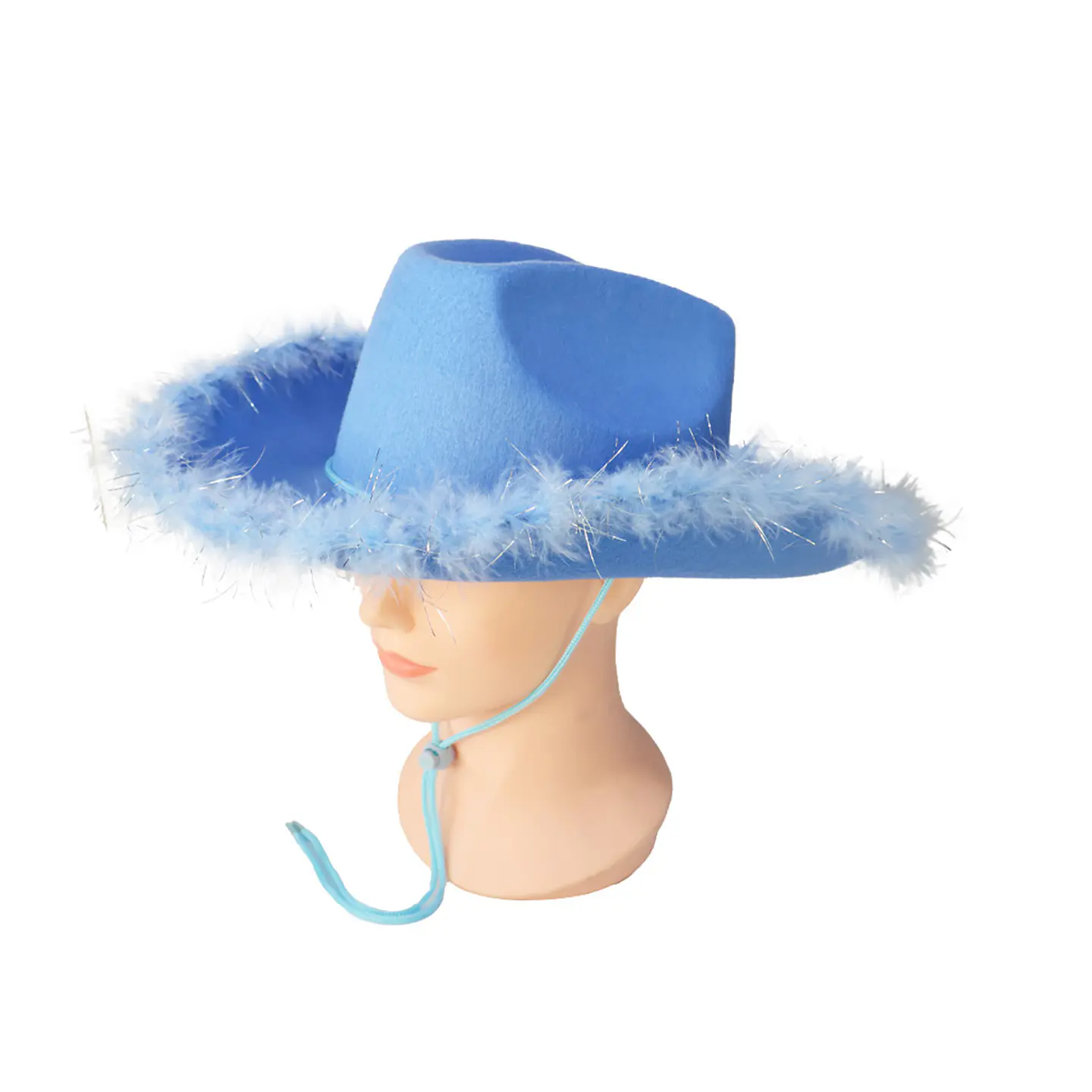 Sombrero vaquero con pluma celeste con cuerda 1