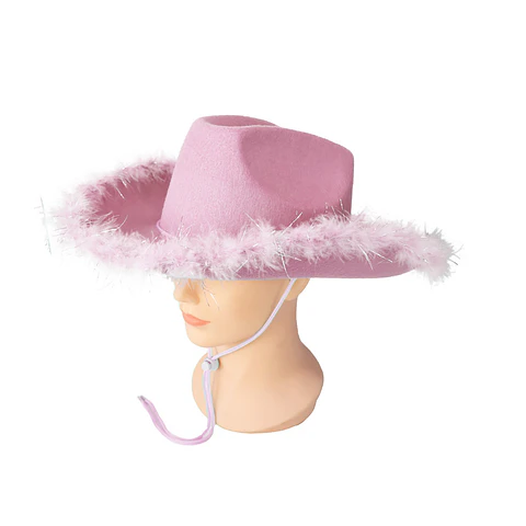 Sombrero vaquero con pluma rosa con cuerda