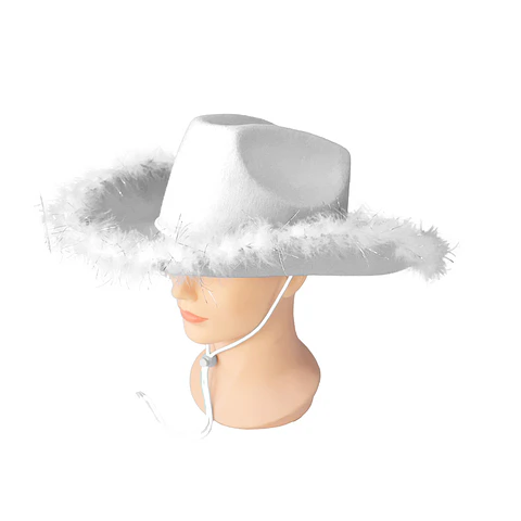 Sombrero vaquero con pluma blanco con cuerda