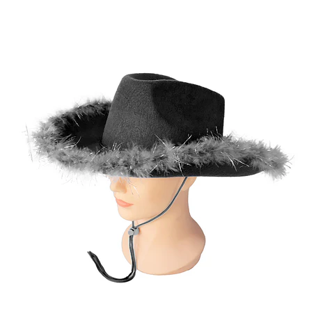Sombrero vaquero con pluma negro con cuerda