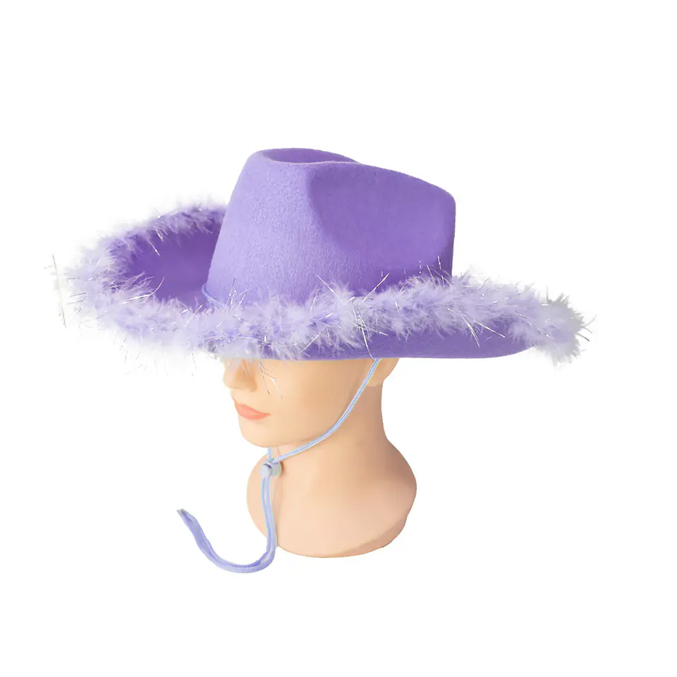 Sombrero vaquero con pluma morado con cuerda 1