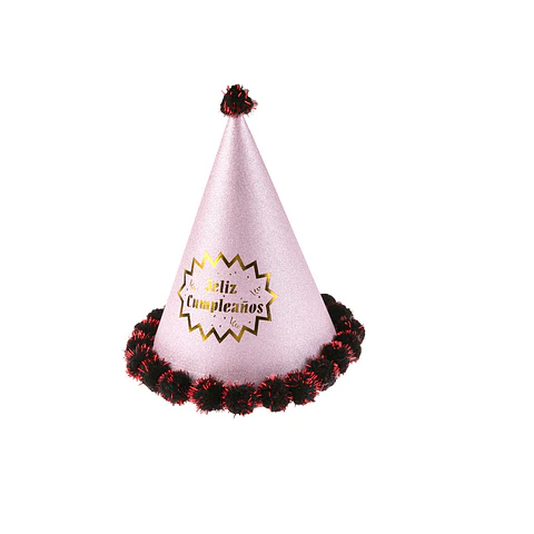 Gorro pompón feliz cumpleaños rosado 24cm