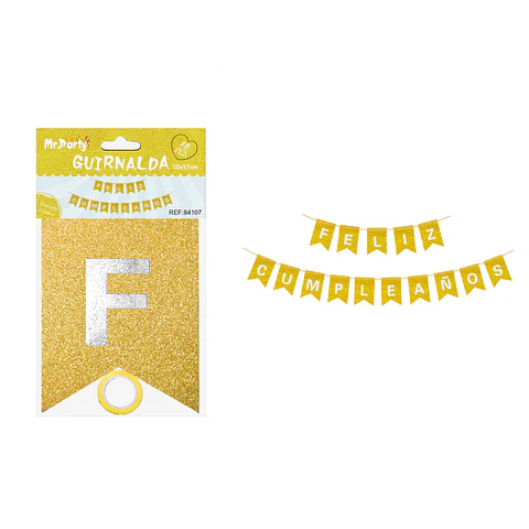 Guirnalda feliz cumpleaños dorado con glitter 12*17cm