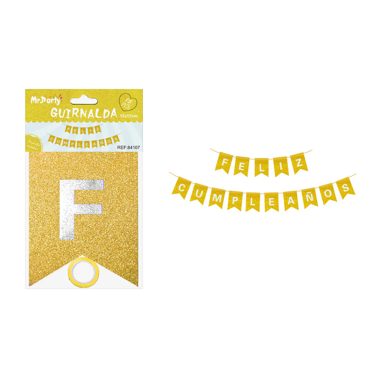 Guirnalda feliz cumpleaños dorado con glitter 12*17cm 1