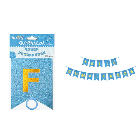 Guirnalda feliz cumpleaños azul claro con glitter 12*17cm