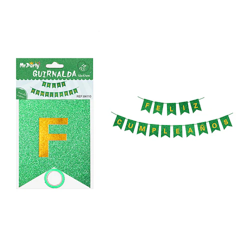 Guirnalda feliz cumpleaños verde con glitter 12*17cm