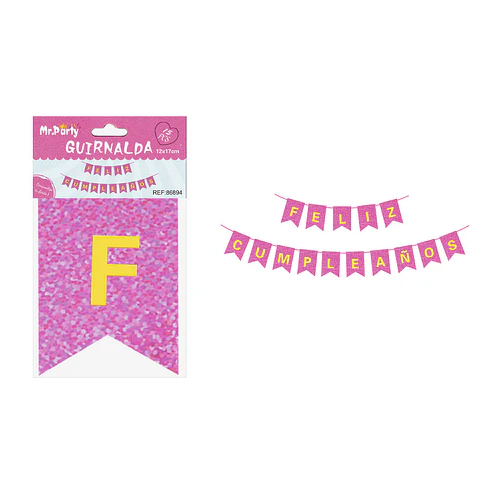 Guirnalda feliz cumpleaños fucsia con glitter 12*17cm