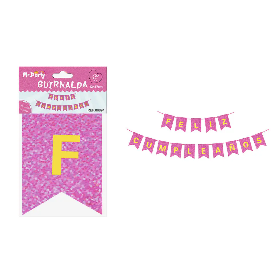 Guirnalda feliz cumpleaños fucsia con glitter 12*17cm 1