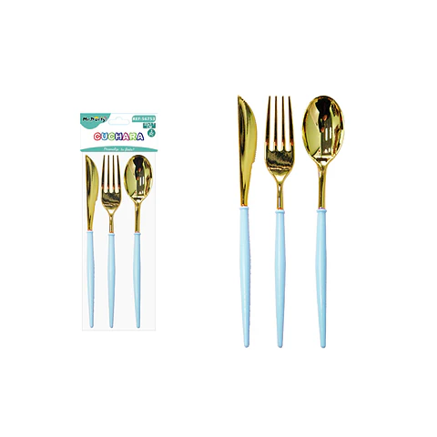 Set de cuchillo tenedor cuchara dorado azul 22*1.7cm 3pcs