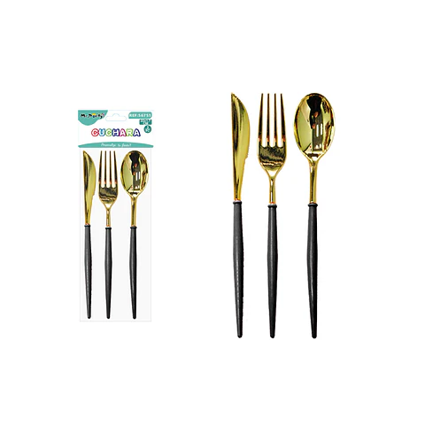 Set de cuchillo tenedor cuchara dorado negro 22*1.7cm 3pcs