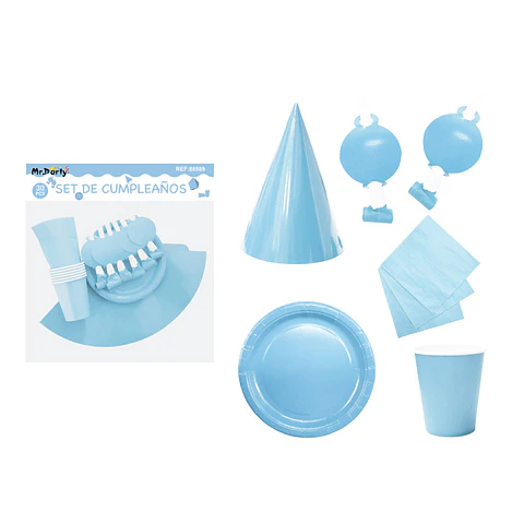 Set de servicios para cumpleaños celeste 30pcs