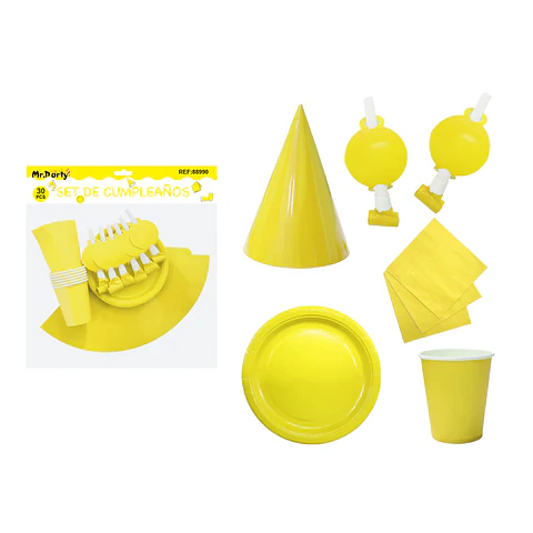 Set de servicios para cumpleaños amarillo 30pcs