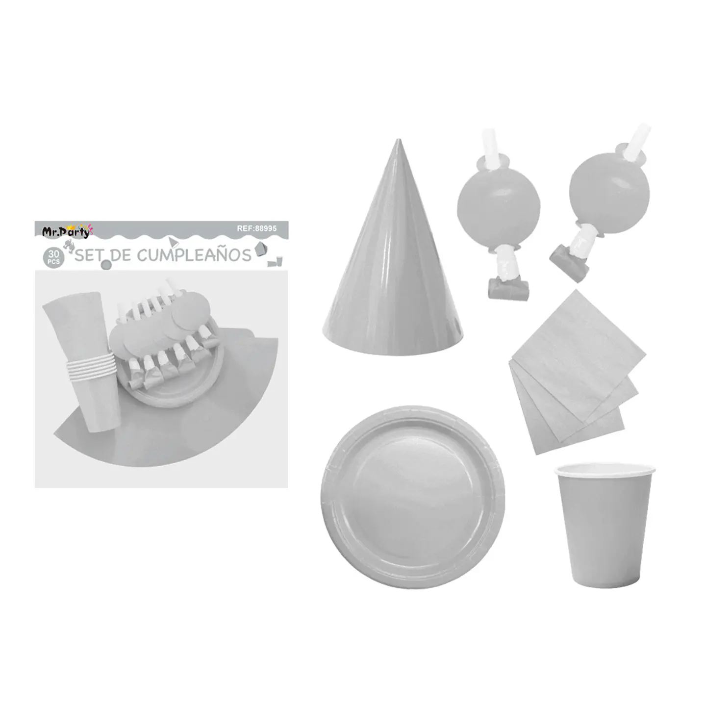 Set de servicios para cumpleaños plateado 30pcs 1