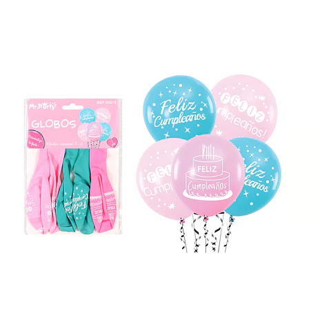 Globos de látex feliz cumpleaños azul y rosado 5pcs