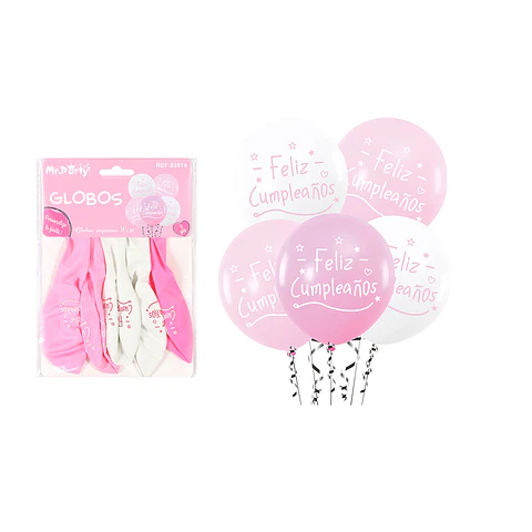 Globos de látex feliz cumpleaños blanco y rosado 5pcs