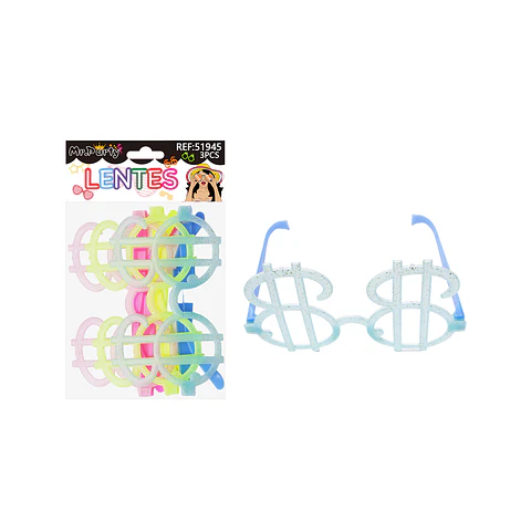 Lentes de fiesta luminosa dólar con glitter 3pcs Color Aleatorio