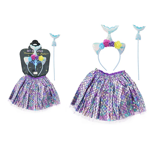 Conjunto de sirena con cintillo, alas y falda 3pcs