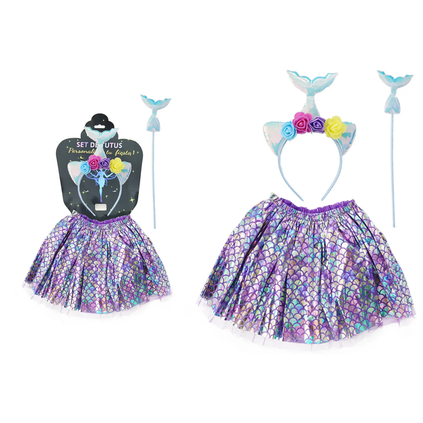 Conjunto de sirena con cintillo, alas y falda 3pcs 1