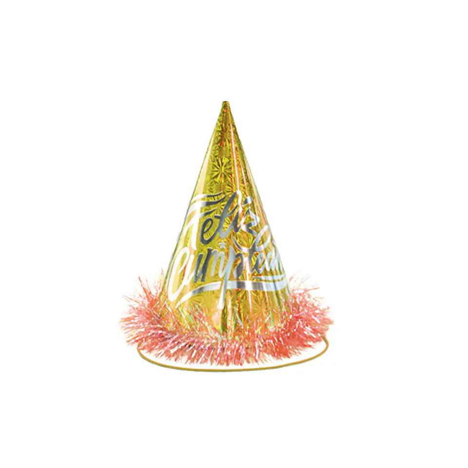 Gorro cotillón holográficofeliz cumpleaños dorado 24cm 1