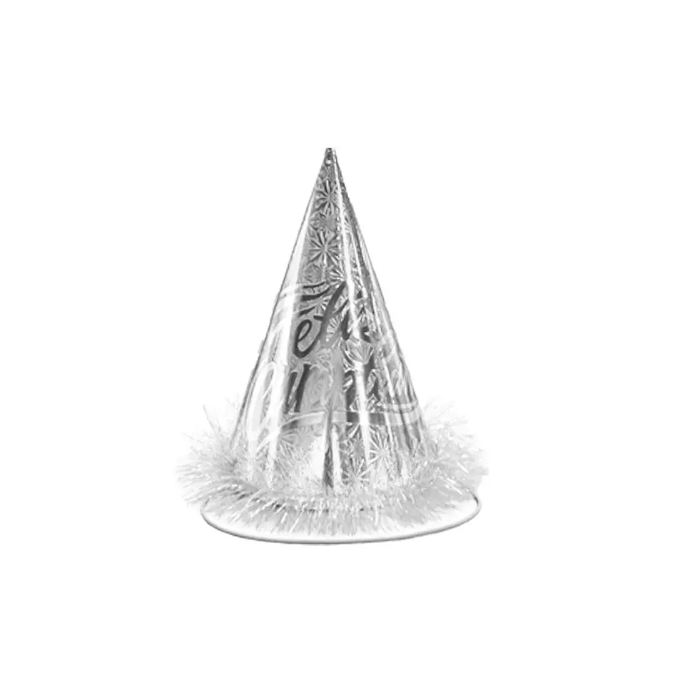 Gorro cotillón holográficofeliz cumpleaños plateado 24cm 1