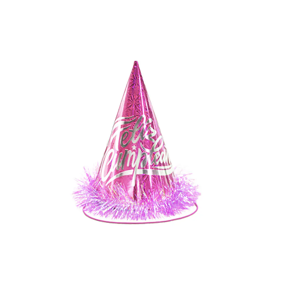 Gorro cotillón holográficofeliz cumpleaños fucsia 24cm 1