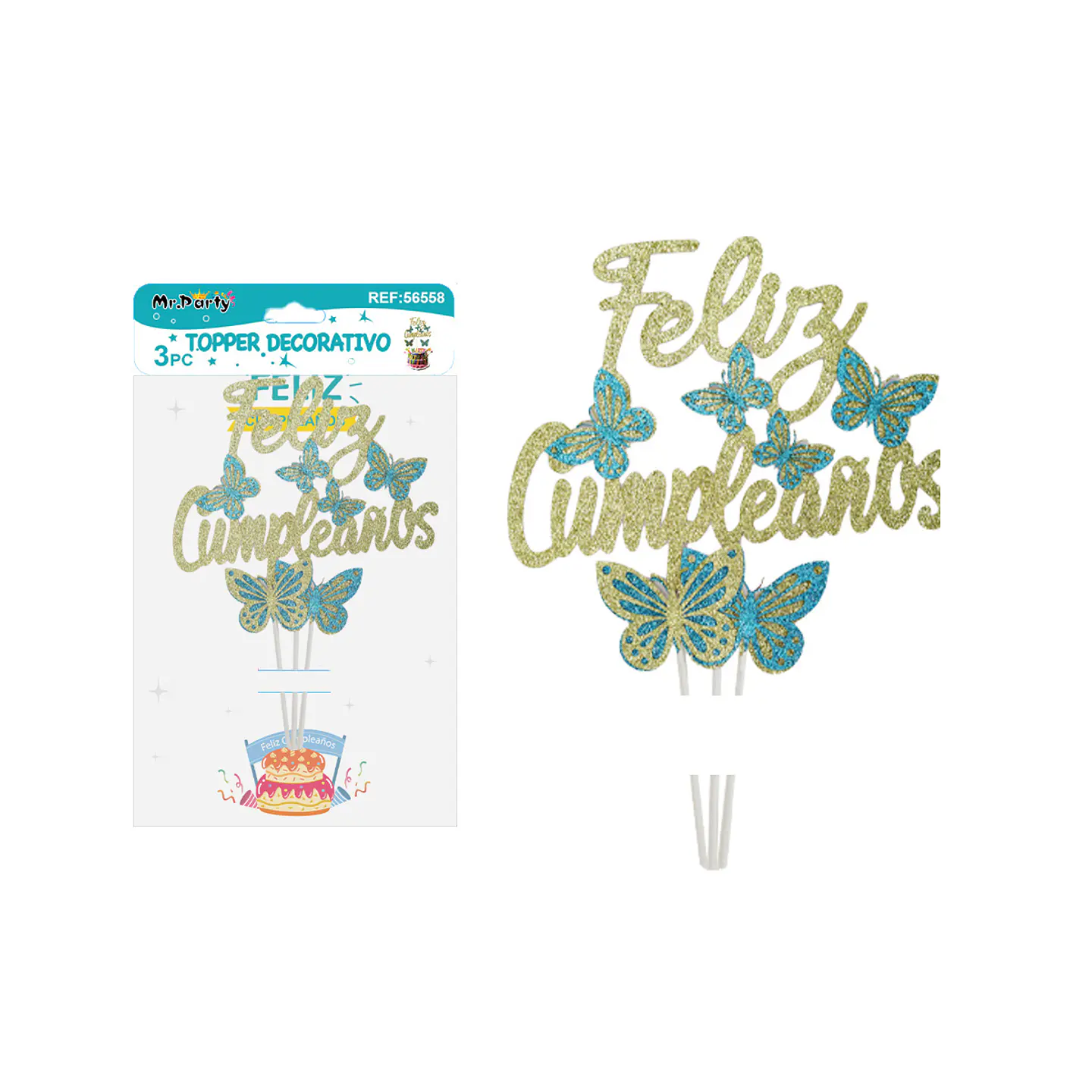  Topper feliz cumpleaños con mariposa dorado 24*17cm 3pcs  1