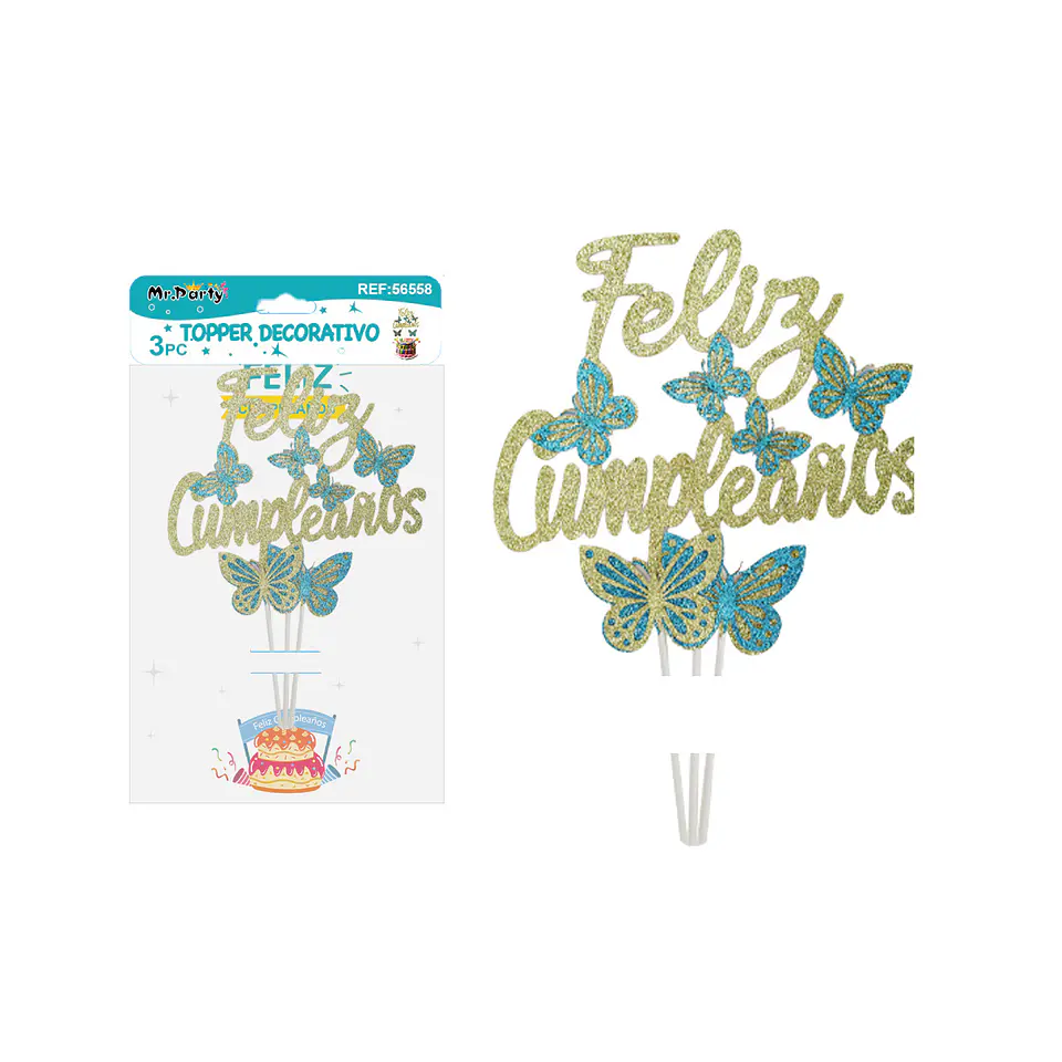  Topper feliz cumpleaños con mariposa dorado 24*17cm 3pcs  1