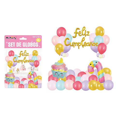 Set con arco de globos feliz cumpleaños 64pcs