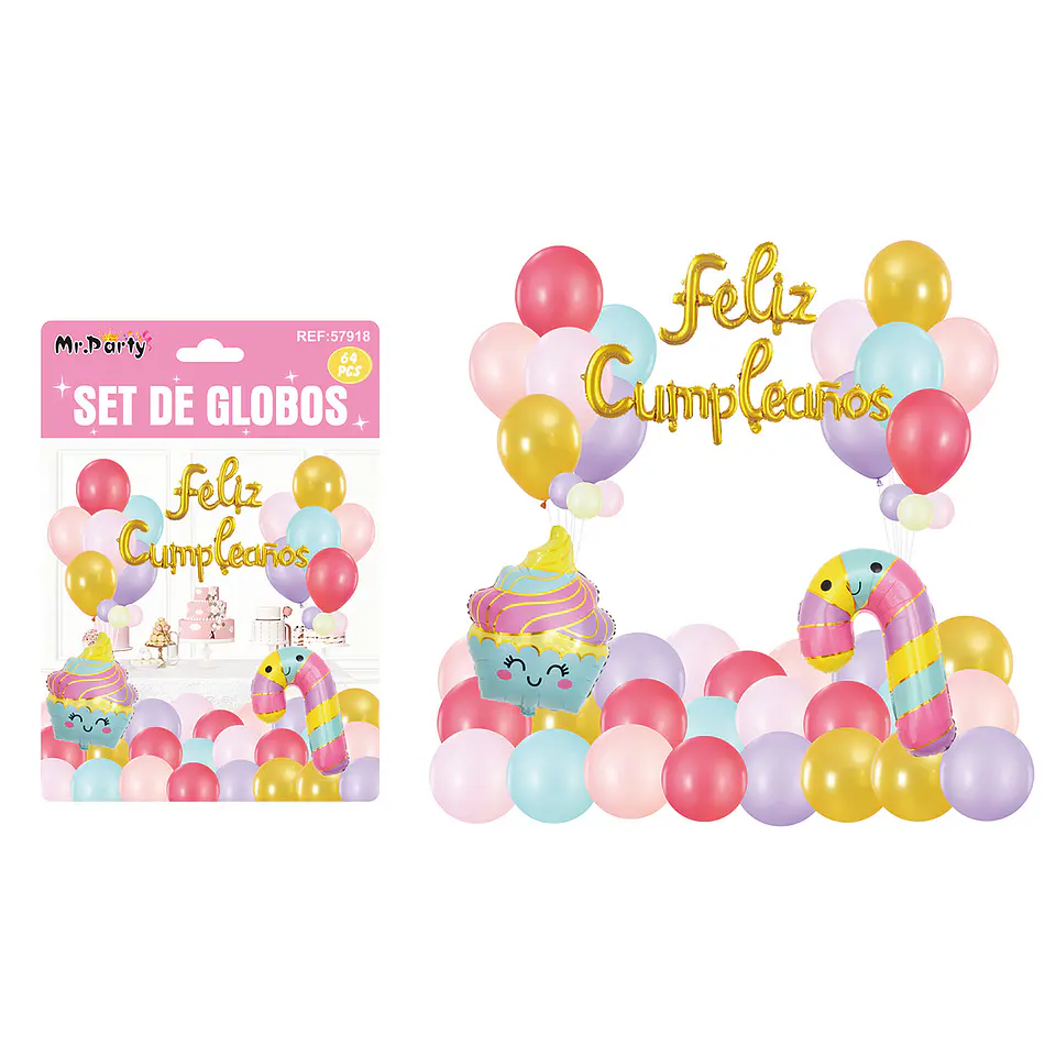 Set con arco de globos feliz cumpleaños 64pcs 1