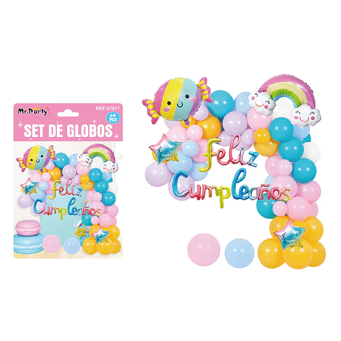 Set con arco de globos feliz cumpleaños 64pcs