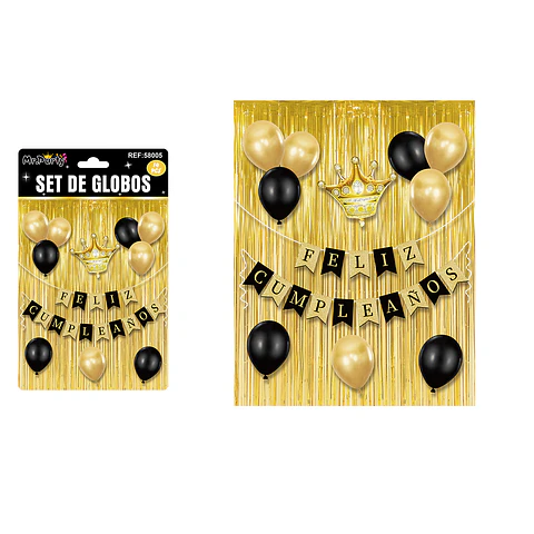 Set de globos y guirnalda con cortina dorado 14pcs
