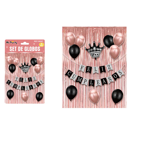 Set de globos y guirnalda con cortina dorado rosa 14pcs