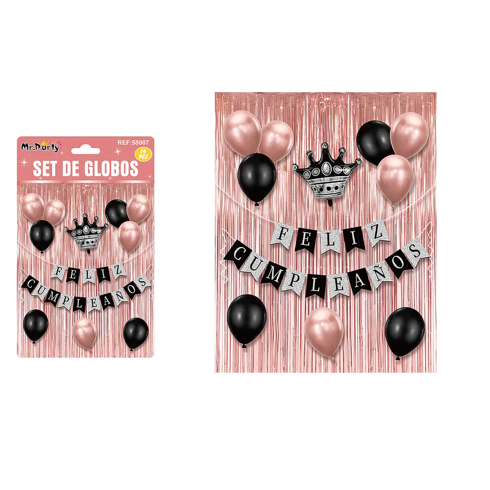 Set de globos y guirnalda con cortina dorado rosa 14pcs 1