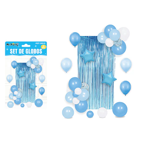 Set de globos con cortina celeste 36pcs
