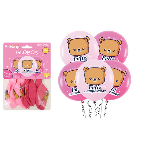 Globos de látex feliz cumpleaños con osito 30cm 5pcs