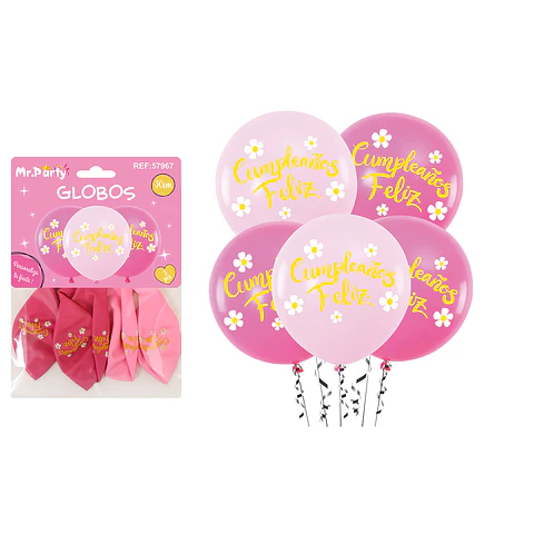 Globos de látex feliz cumpleaños con flores 30cm 5pcs